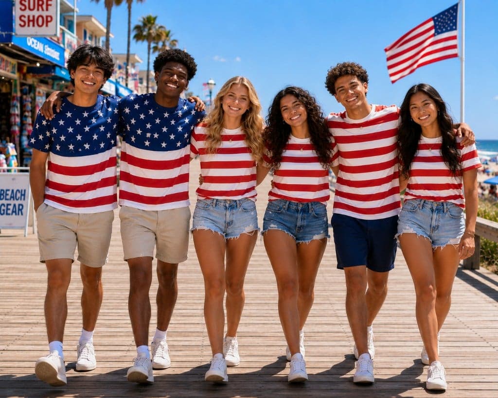 Group of six standing together on a boardwalk with matching patriotic shirts