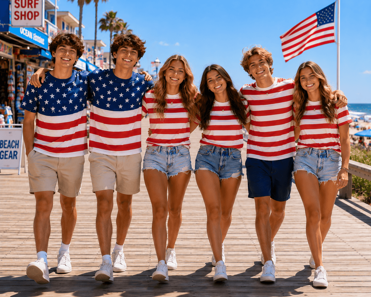 Group of six standing together on a boardwalk with matching patriotic shirts